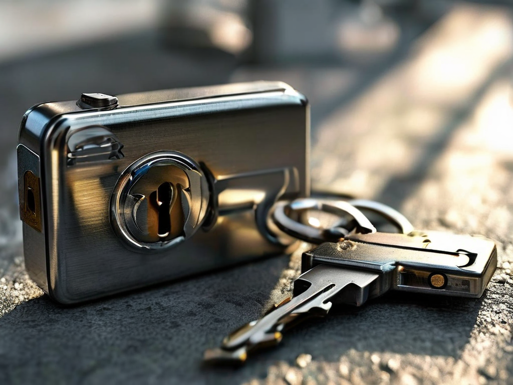 Metal lock, closed key case, and blank security card on brushed metal surface for account safety preparation.