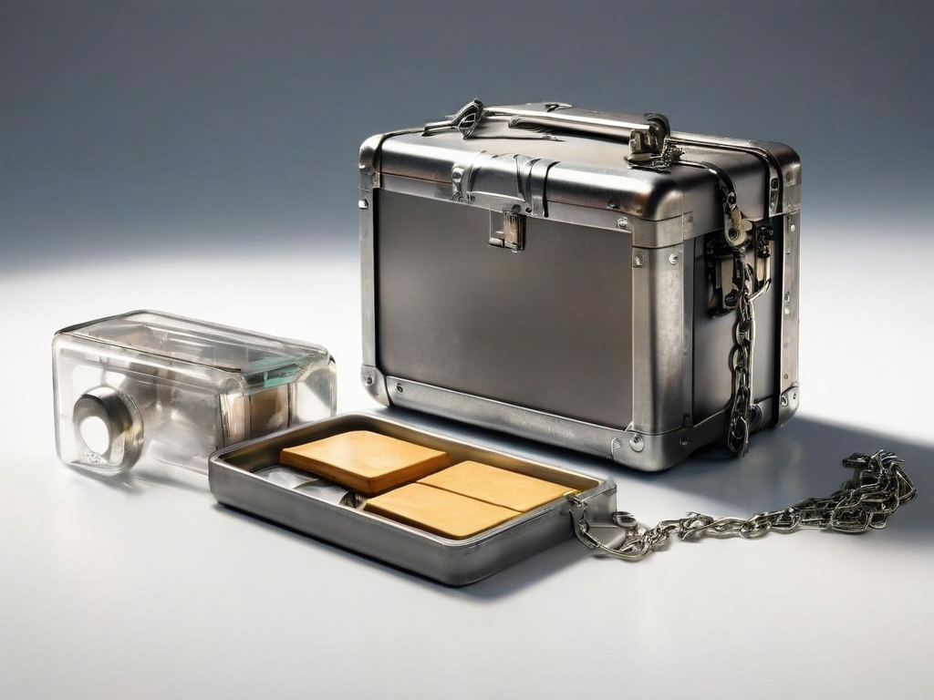 A sealed metal storage case with a short chain and small blocks representing connected file locations on a neutral acrylic tray.
