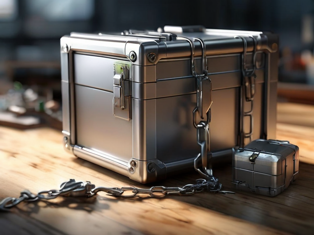 A sealed metal case with a short chain sits on a brushed surface, beside scattered small blocks representing linked file...