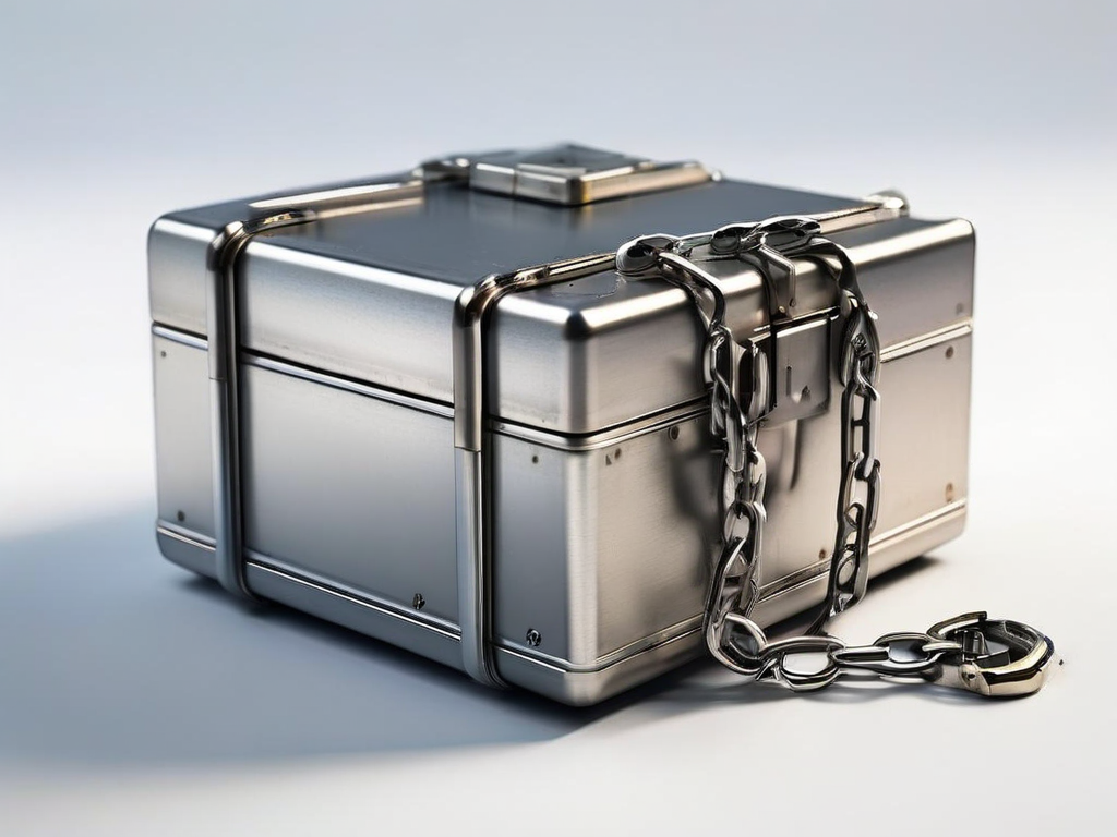 Brushed metal surface holds a sealed storage case linked by a short chain to separate small blocks representing file locations...