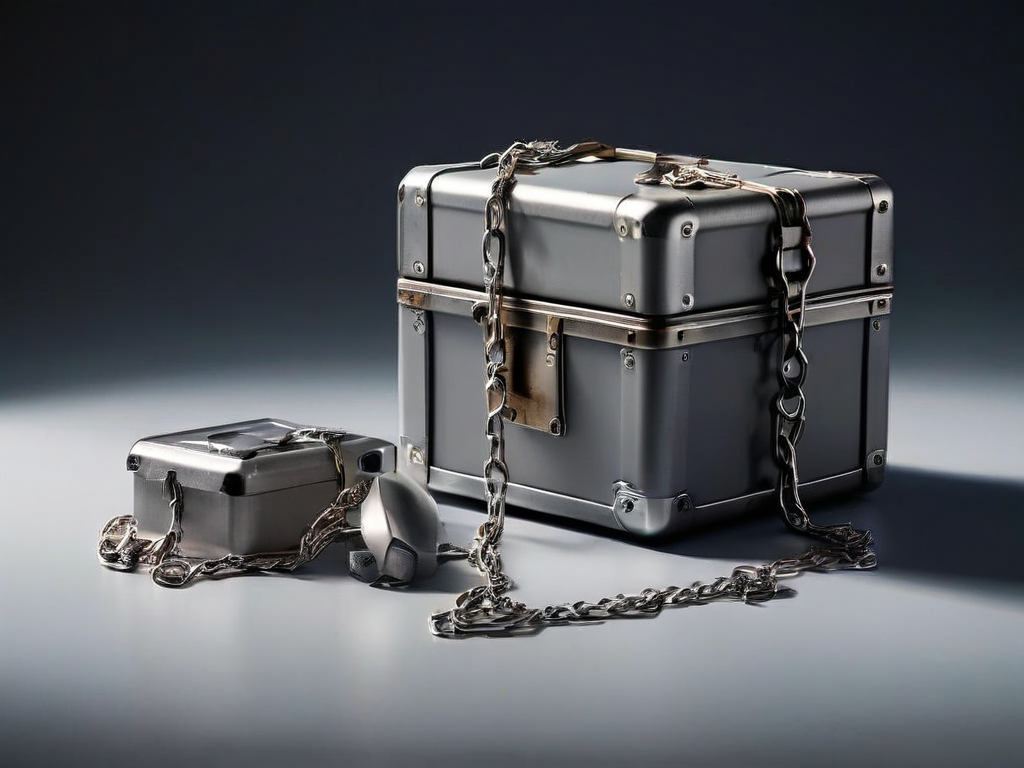 A sealed metal storage case with a short chain sits on a gray surface, while separate small blocks represent connected file...
