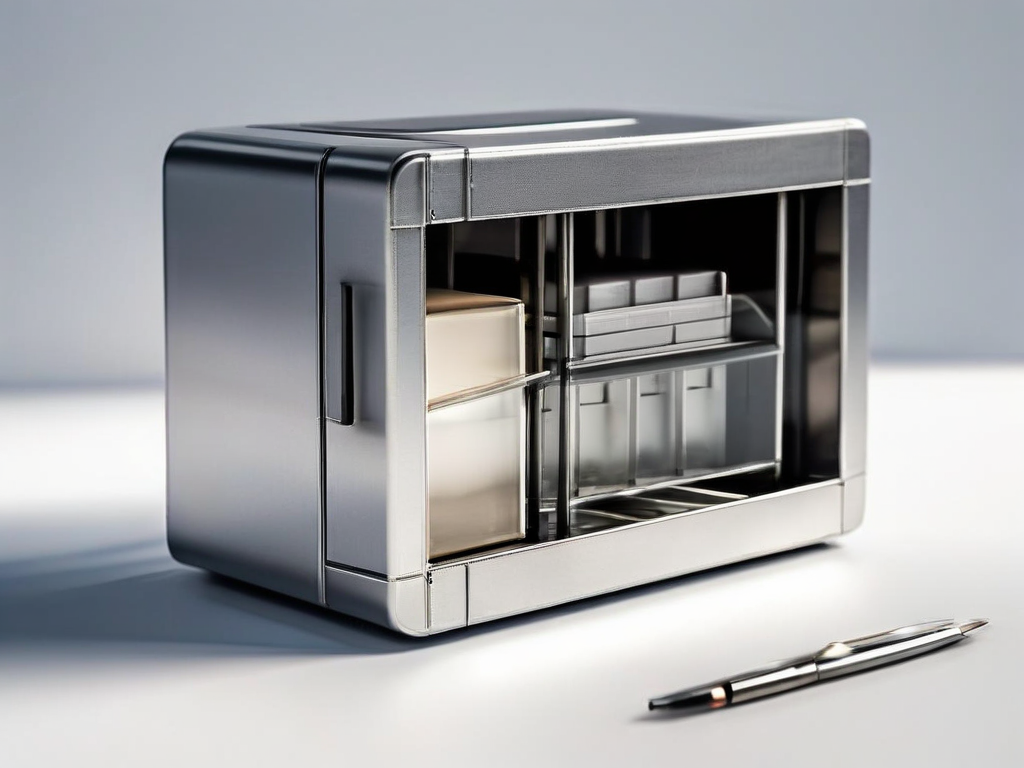 Compact storage block with clear front panel showing organized reference cards on brushed metal surface, angled morning daylight...