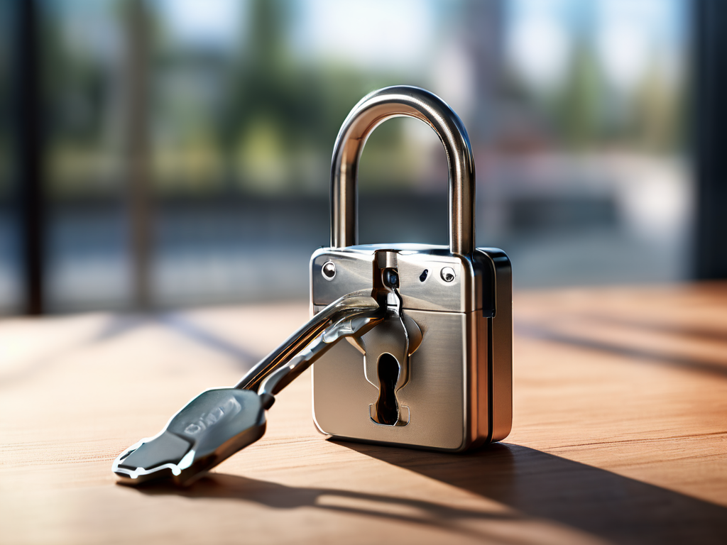 Metal lock and blank security card on brushed metal surface with morning light.