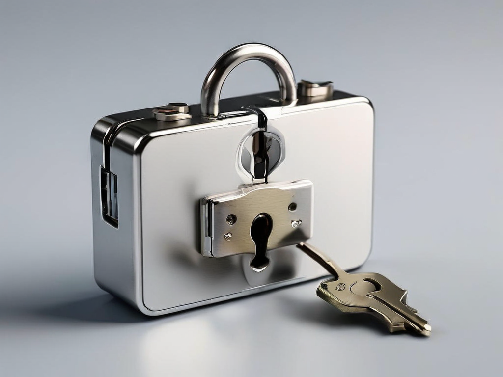 A small metal lock and closed key case beside a blank security card on a matte gray studio surface.